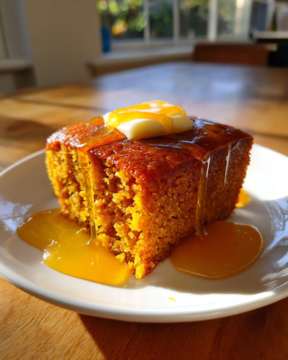 A square slice of moist, orange-hued sweet potato cornbread topped with butter and drizzled with honey.