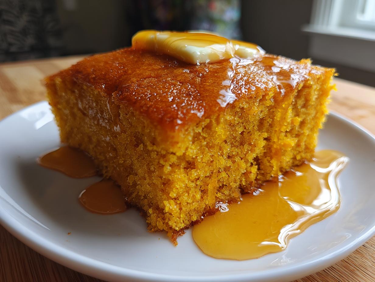 A close-up of a square slice of moist sweet potato cornbread topped with melting butter and drizzled with syrup.