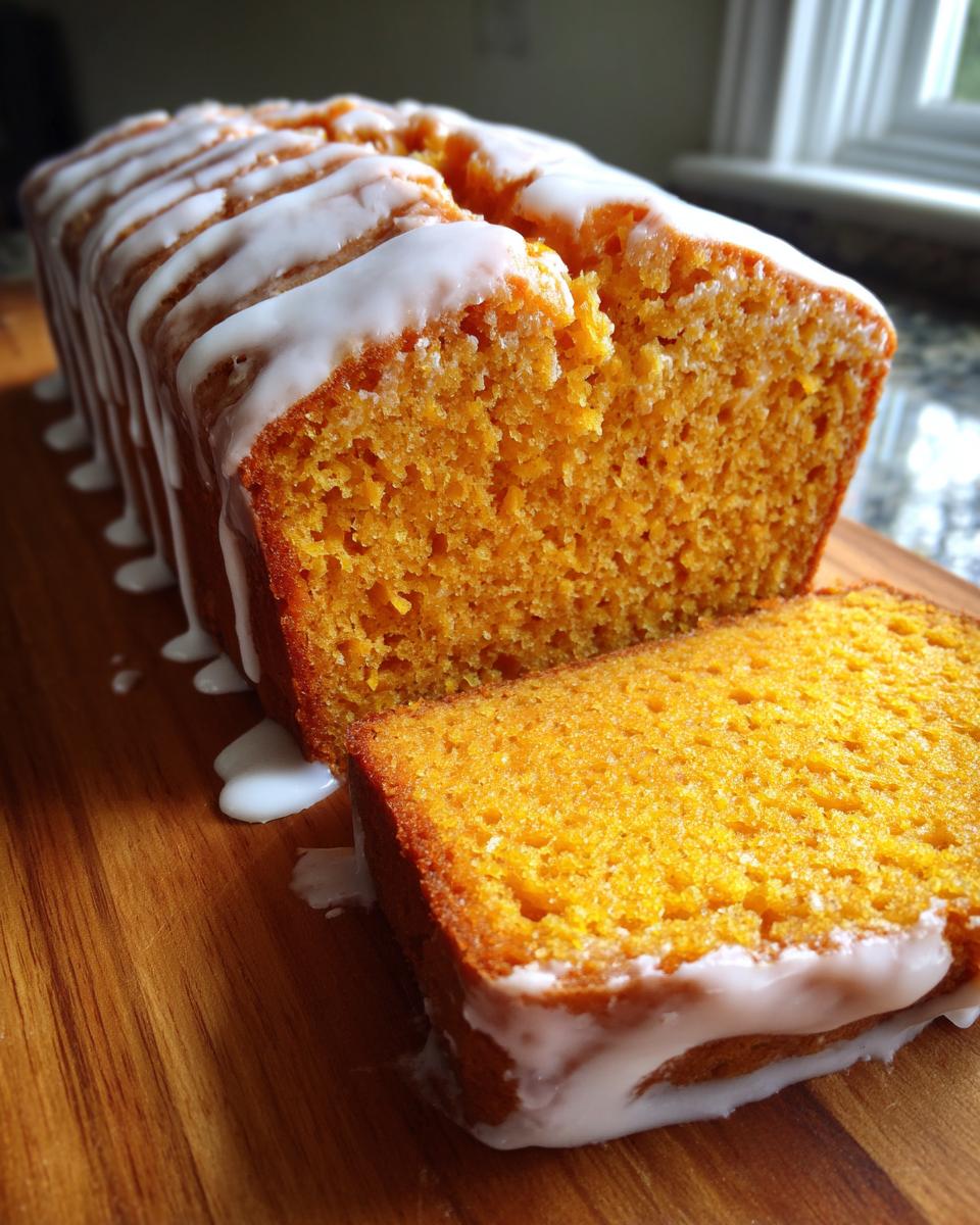 A close-up of a moist sweet potato pound cake loaf, sliced, topped with a thick white vanilla glaze.