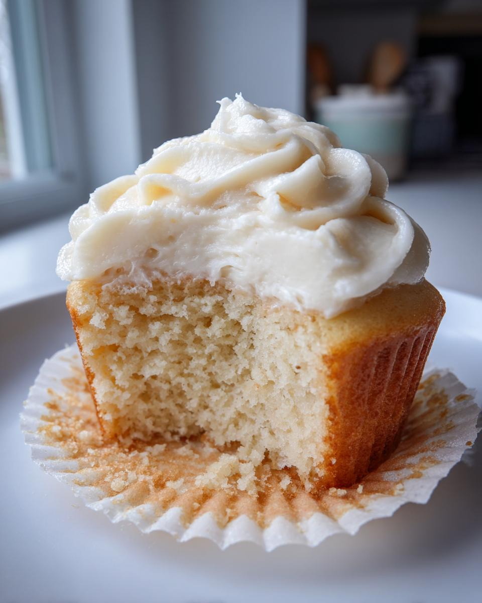 A vanilla cupcakes half-eaten, showing the moist crumb and thick swirl of white vanilla frosting.