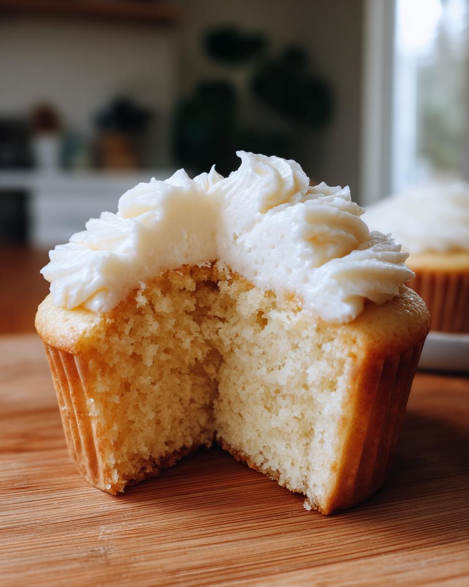 Close-up of a vanilla cupcake cut in half showing the moist crumb and thick white vanilla frosting.