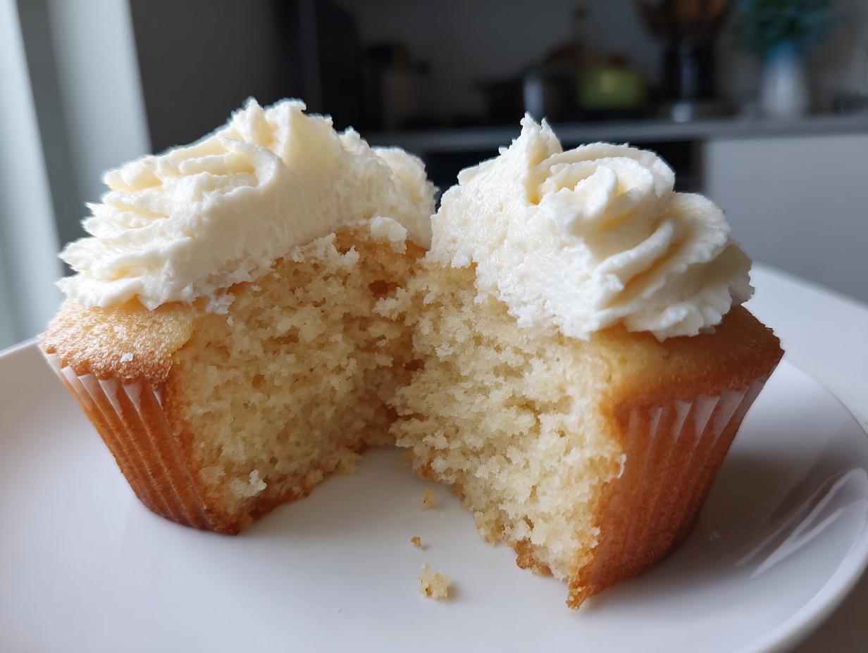 A close-up of a moist vanilla cupcake cut in half, revealing the fluffy interior and topped with piped white frosting.