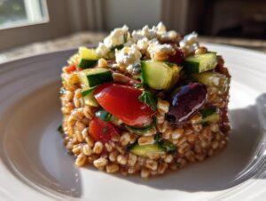 A molded portion of healthy farro salad topped with cucumber, tomato, olive, and feta cheese.