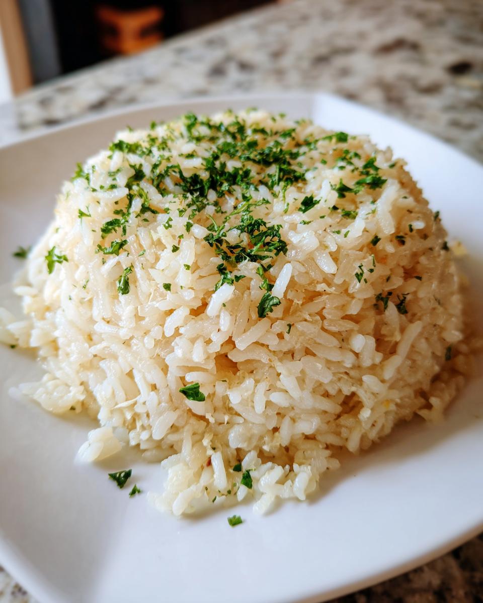 A close-up of fluffy garlic butter rice molded into a dome shape and topped with fresh chopped parsley.