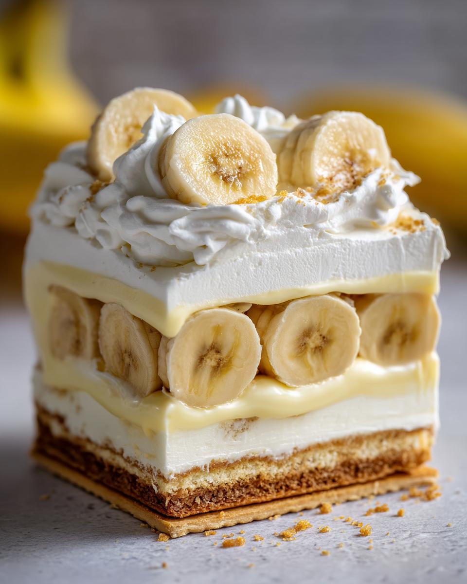 Close-up of a decadent slice of no-bake banana cream cheesecake with layers of crust, cream, and fresh banana slices.