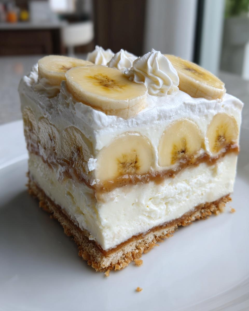 A perfect square slice of no-bake banana cream cheesecake with graham cracker crust and fresh banana slices.