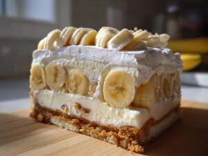 A thick slice of no-bake banana cream cheesecake featuring layers of crust, cream filling, and fresh banana slices.