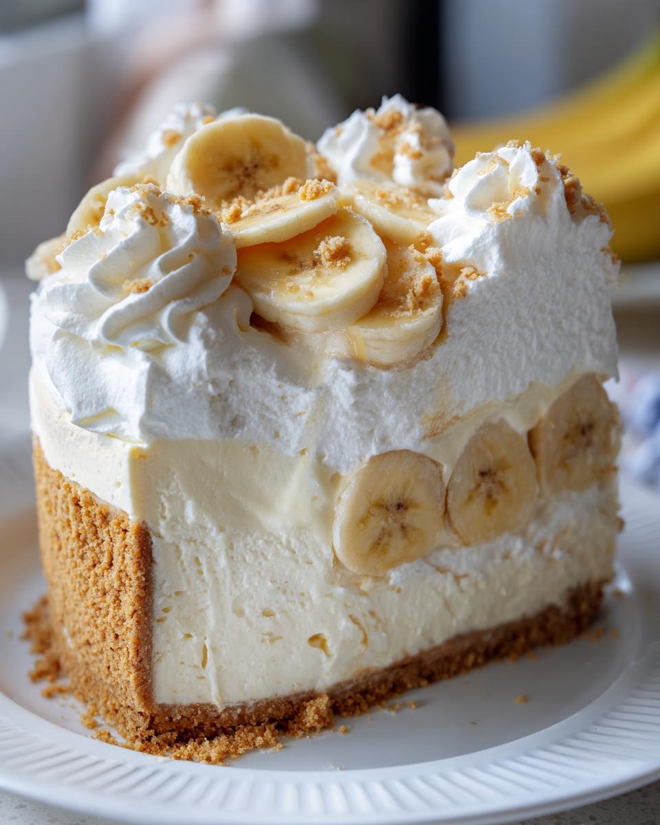 A generous slice of no-bake banana cream cheesecake with a graham cracker crust, creamy filling, and topped with whipped cream and fresh banana slices.