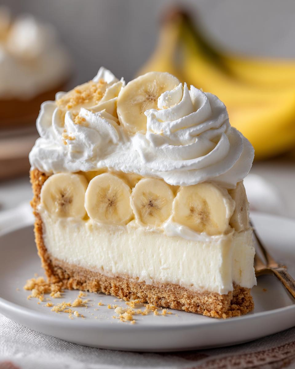 Close-up of a decadent slice of banana cream cheesecake featuring a graham cracker crust, creamy filling, fresh banana slices, and whipped cream.