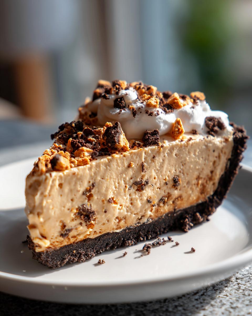 A close-up slice of rich, creamy no bake butterfinger pie with a dark chocolate crust, topped with whipped cream and candy pieces.