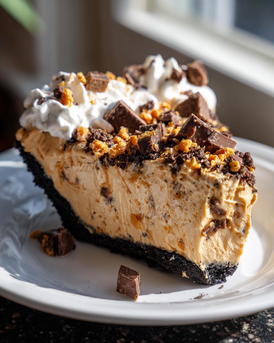 A rich slice of no bake butterfinger pie with a dark crust, peanut butter filling, whipped cream, and candy chunks.