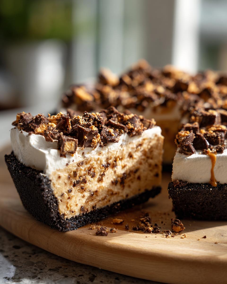 A close-up slice of no bake butterfinger pie showing a thick chocolate crust, creamy filling, and whipped topping covered in chopped candy bars.