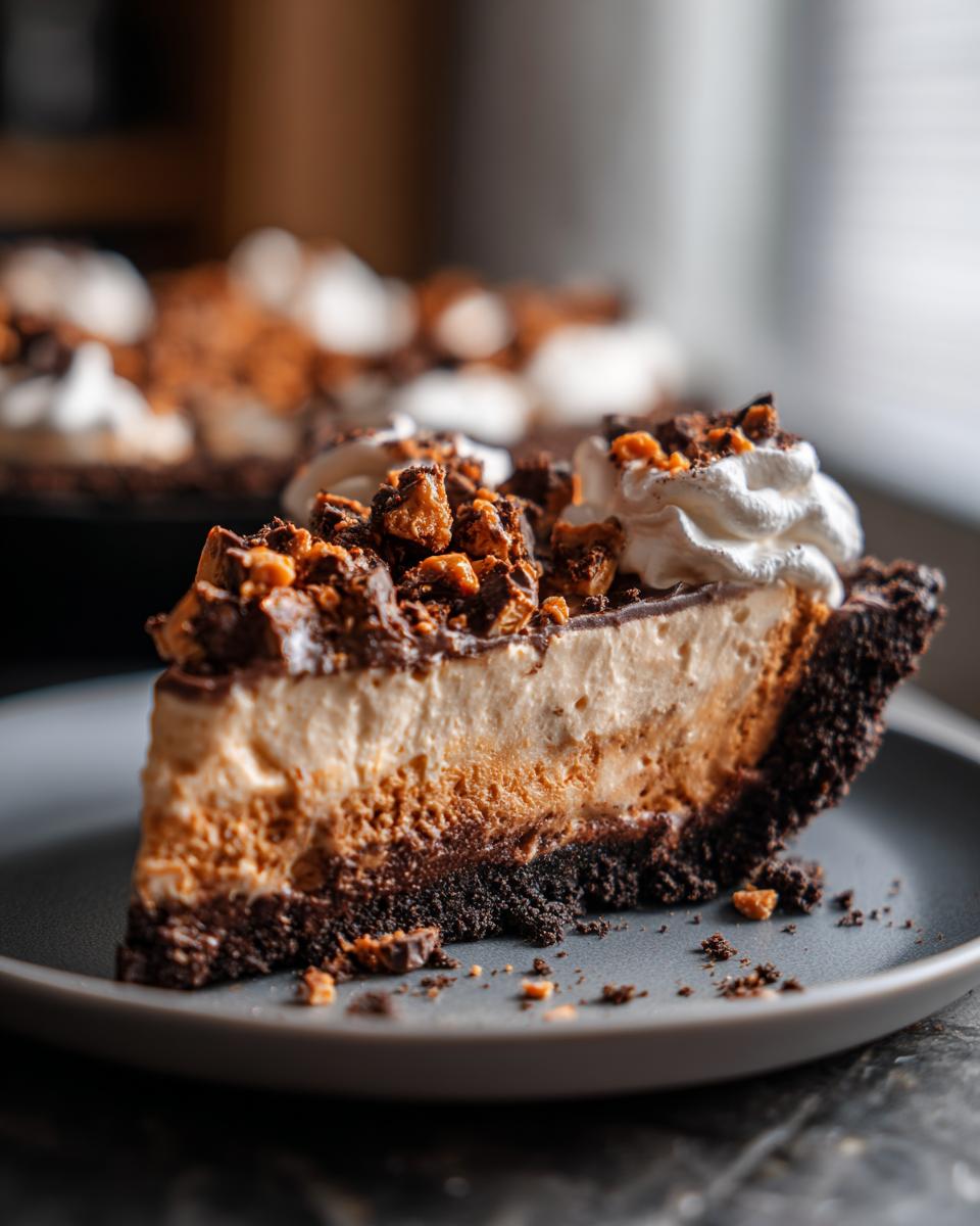 Close-up of a decadent slice of no bake butterfinger pie showing layers and crushed candy topping.