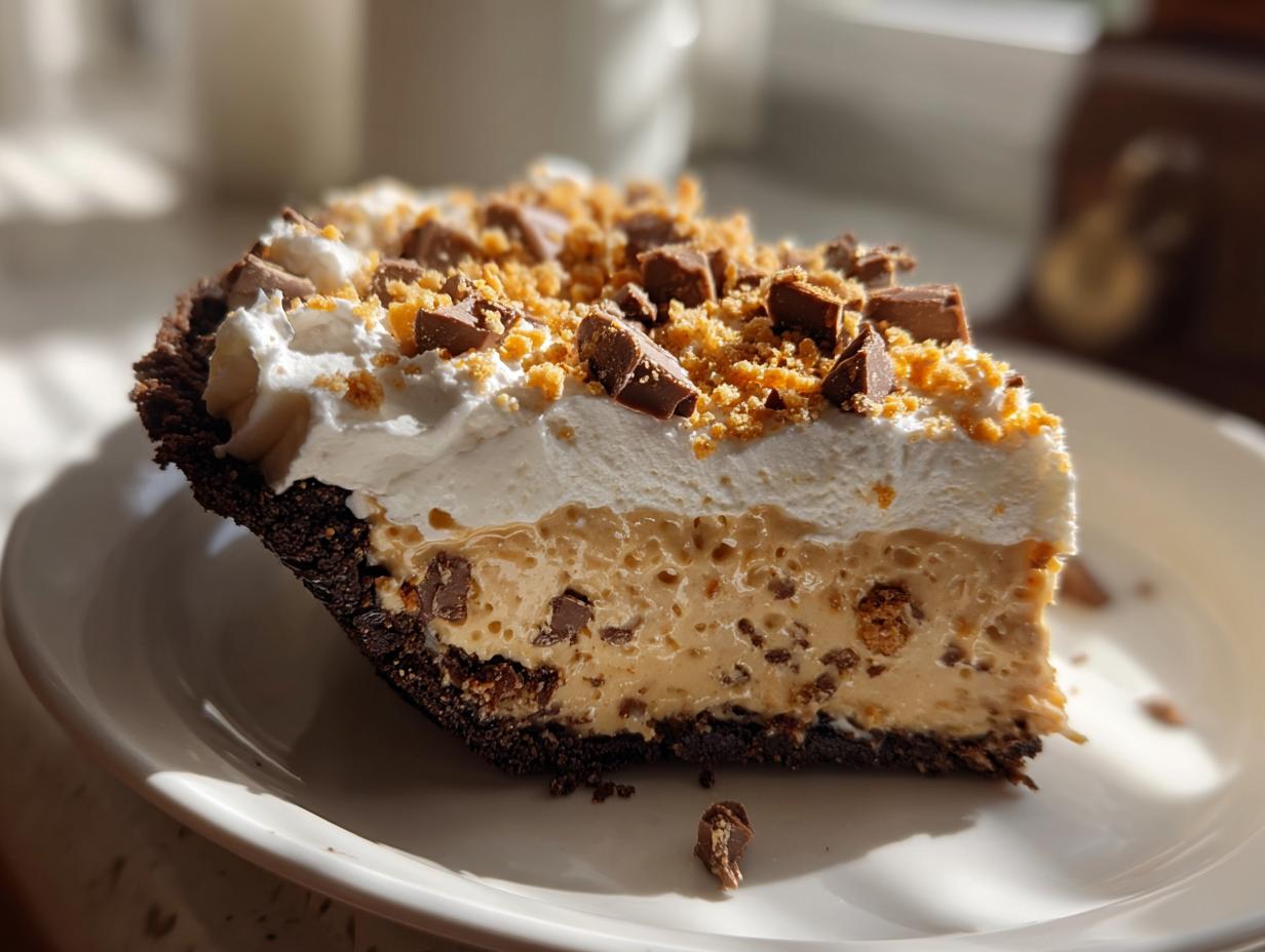 A close-up slice of no bake butterfinger pie showing a chocolate crust, creamy filling with candy pieces, and whipped topping.