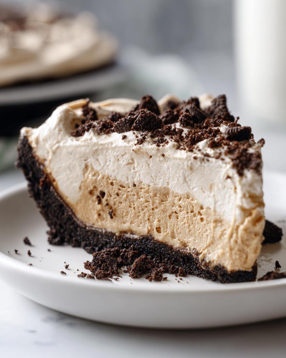 A thick slice of no-bake peanut butter pie featuring a dark chocolate crust and two layers of filling, topped with whipped cream and cookie crumbs.