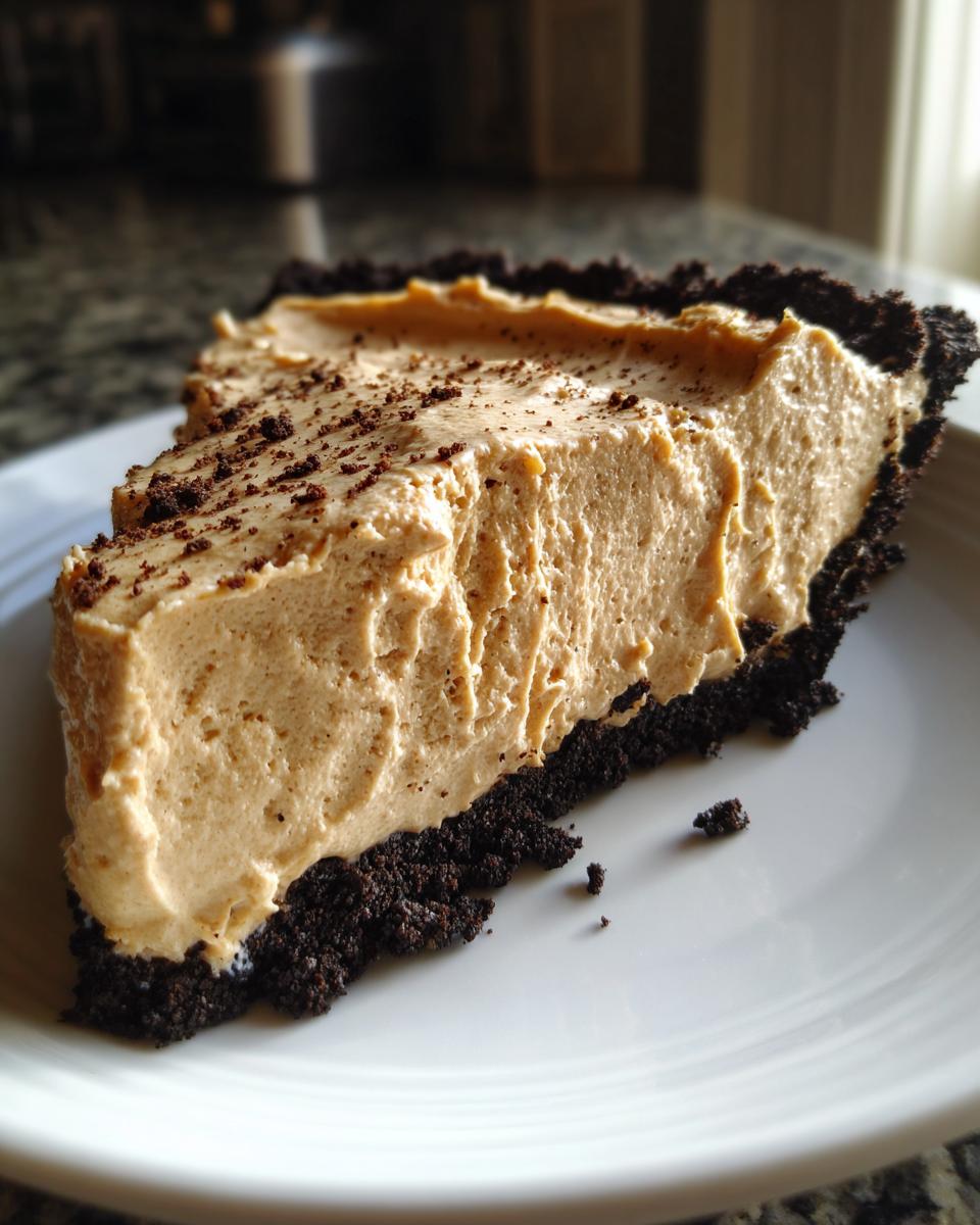 A thick slice of creamy no-bake peanut butter pie featuring a dark chocolate crust, dusted with chocolate crumbs.