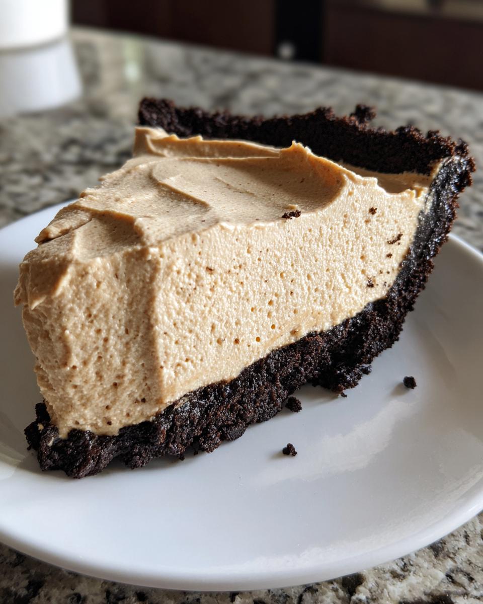 A thick slice of no-bake peanut butter pie featuring a creamy filling and dark chocolate cookie crust on a white plate.