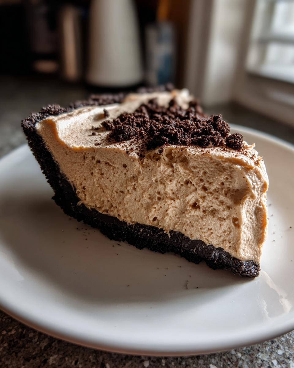 A close-up of a thick slice of no-bake peanut butter pie with a dark chocolate crust, topped with chocolate crumbs.