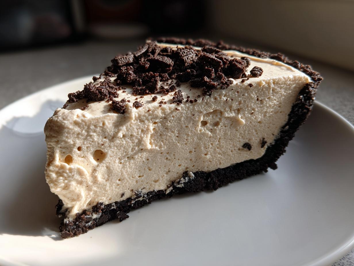 A thick slice of no-bake peanut butter pie featuring a creamy filling and a dark chocolate cookie crust, topped with cookie crumbs.