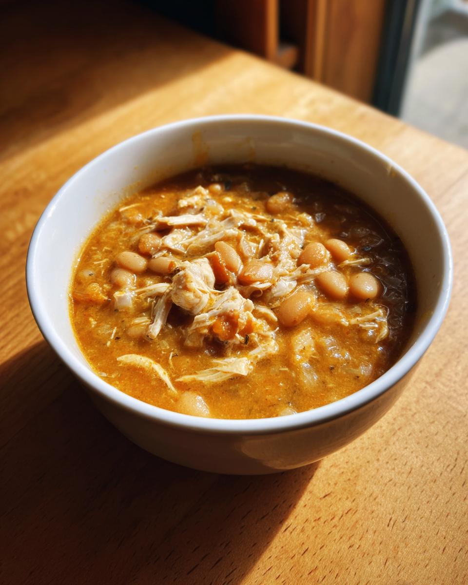 A close-up of a white bowl filled with savory white chicken chili, featuring shredded white chicken and cannellini beans.