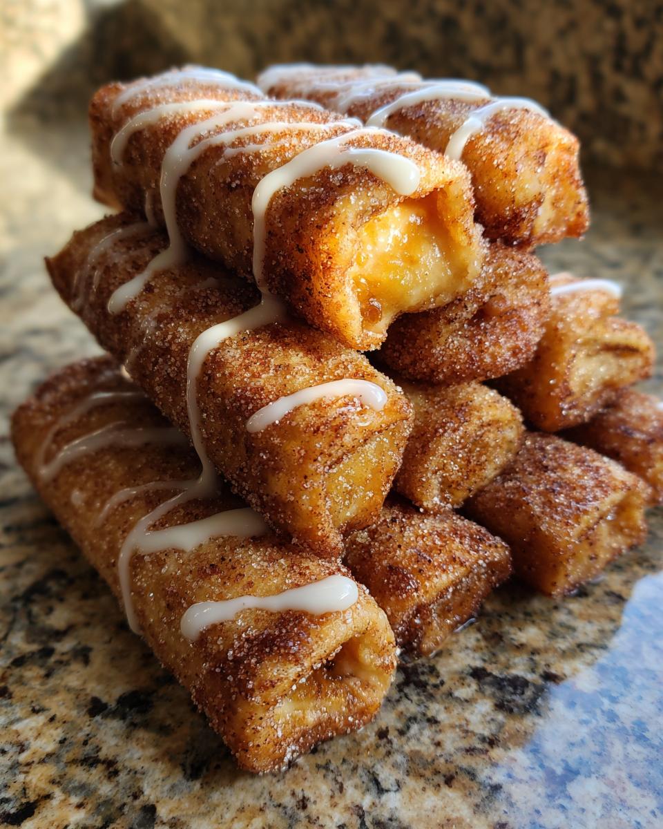 A stack of fried peach cobbler egg rolls coated in cinnamon sugar and drizzled with white icing.
