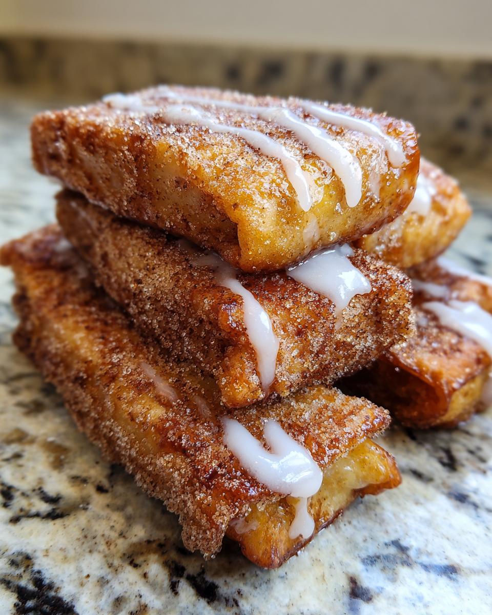 A stack of golden brown peach cobbler egg rolls coated in cinnamon sugar and drizzled with white icing.