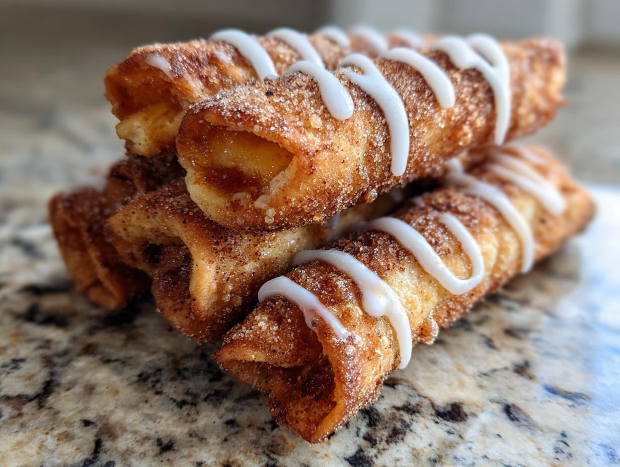 A stack of golden brown peach cobbler egg rolls coated in cinnamon sugar and drizzled with white icing.