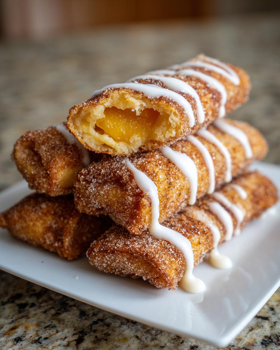 A stack of cinnamon-sugar coated peach cobbler egg rolls, one broken open showing the peach filling, drizzled with white icing.