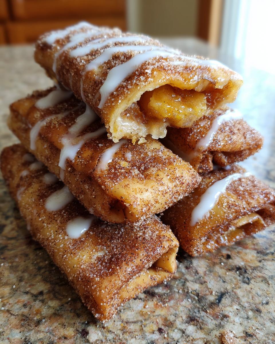 A stack of crispy, cinnamon-sugar coated peach cobbler egg rolls drizzled with white icing.