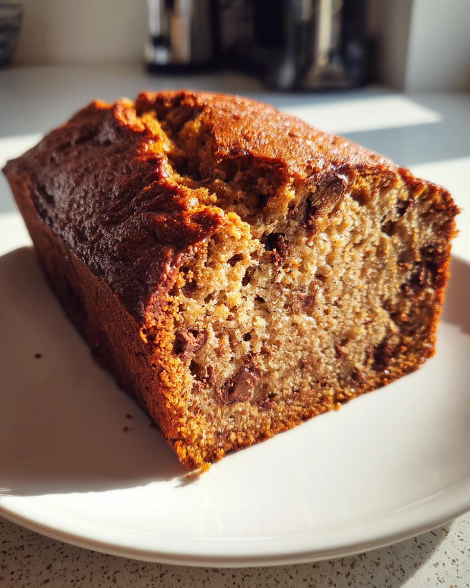 A close-up of a golden-brown loaf of peanut butter banana bread with visible chocolate chips, resting on a white plate.