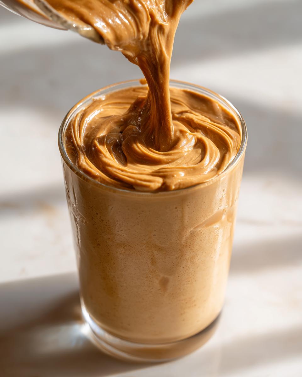 Thick, creamy peanut butter being poured into a glass containing a blended peanut butter banana smoothie.