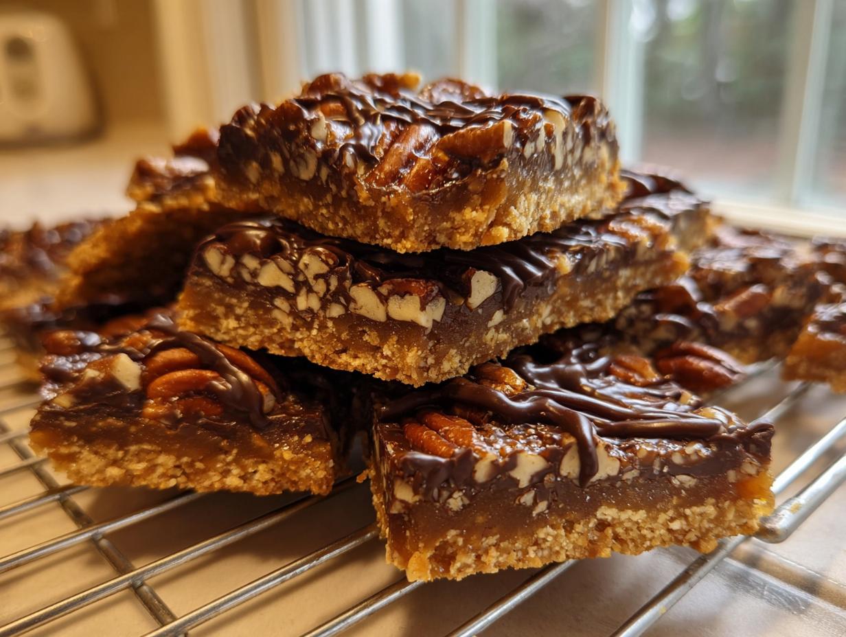 A stack of rich, gooey pecan pie bark bars with a shortbread crust and chocolate drizzle, cooling on a wire rack.