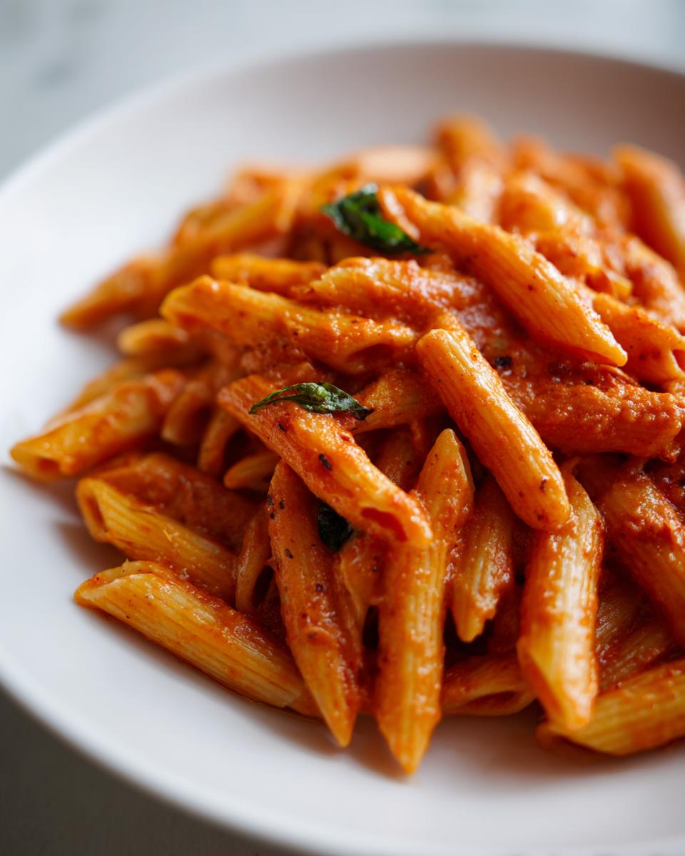Close-up of penne pasta coated richly in a creamy tomato basil pasta sauce, garnished with fresh basil leaves.
