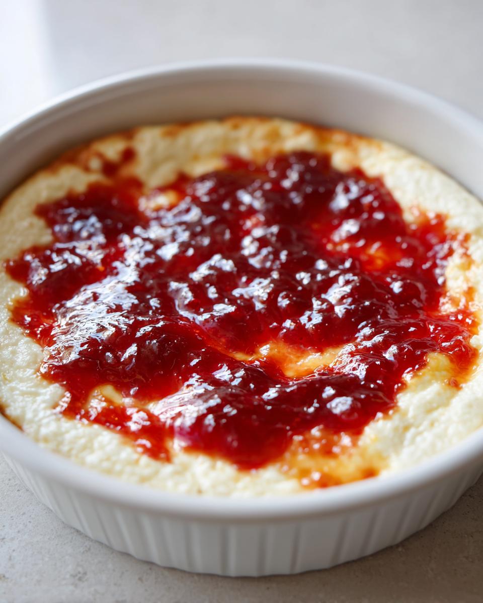 Close-up of a warm pepper jelly cheese dip, featuring a creamy white base topped with vibrant red pepper jelly.