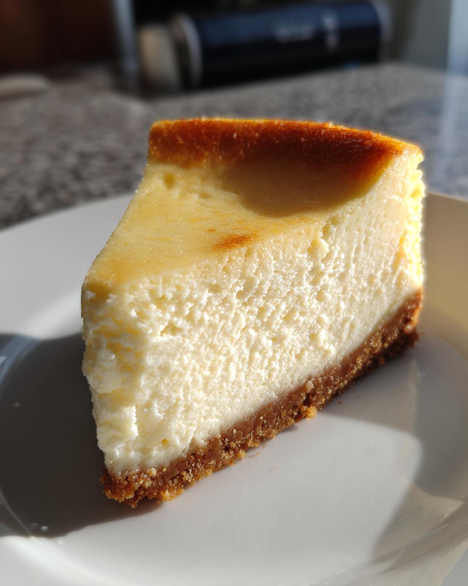 A perfect slice of baked cheesecake recipe showing a creamy white filling and golden-brown top on a white plate.