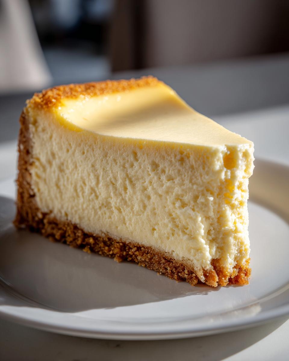 A perfect, smooth slice of classic cheesecake recipe on a white plate, showing a thick graham cracker crust.