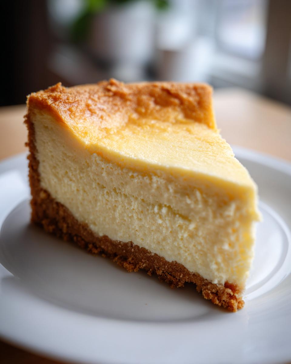 A perfect, uncracked slice of creamy cheesecake with a thick graham cracker crust.