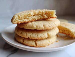 A stack of three thick, round sugar cookies, with the top one broken open to show the soft interior.