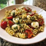 A white bowl filled with pesto caprese pasta salad featuring rotini pasta, cherry tomatoes, and small mozzarella balls.