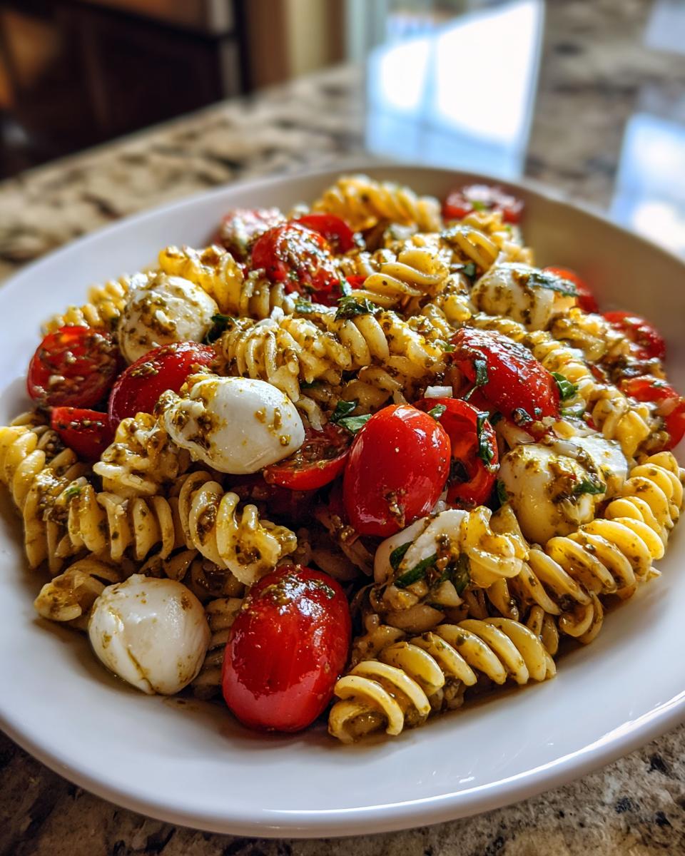 A close-up of a bowl filled with vibrant caprese pasta salad featuring rotini pasta, cherry tomatoes, and mozzarella balls coated in pesto.