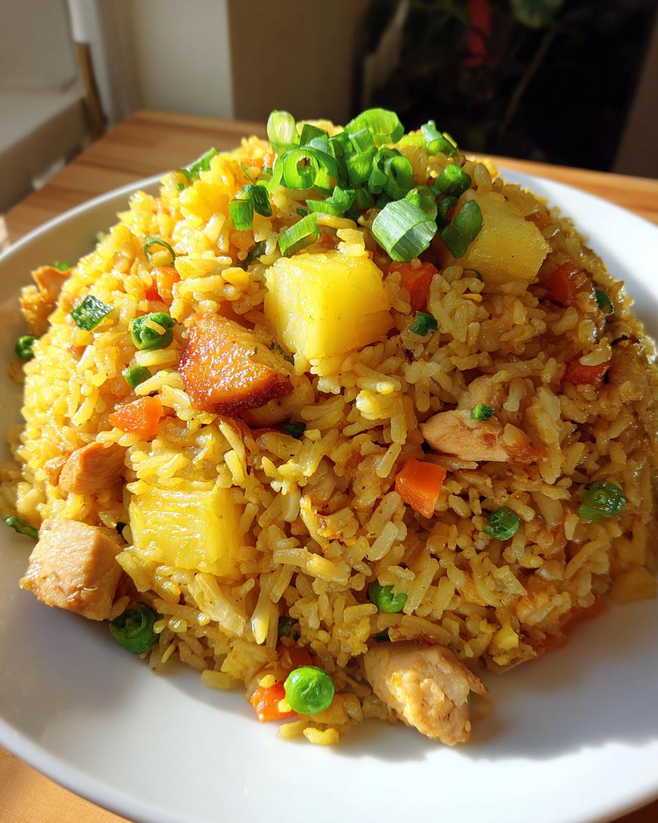 A mound of bright yellow pineapple fried rice topped with fresh green scallions, visible chunks of pineapple, chicken, carrots, and peas.