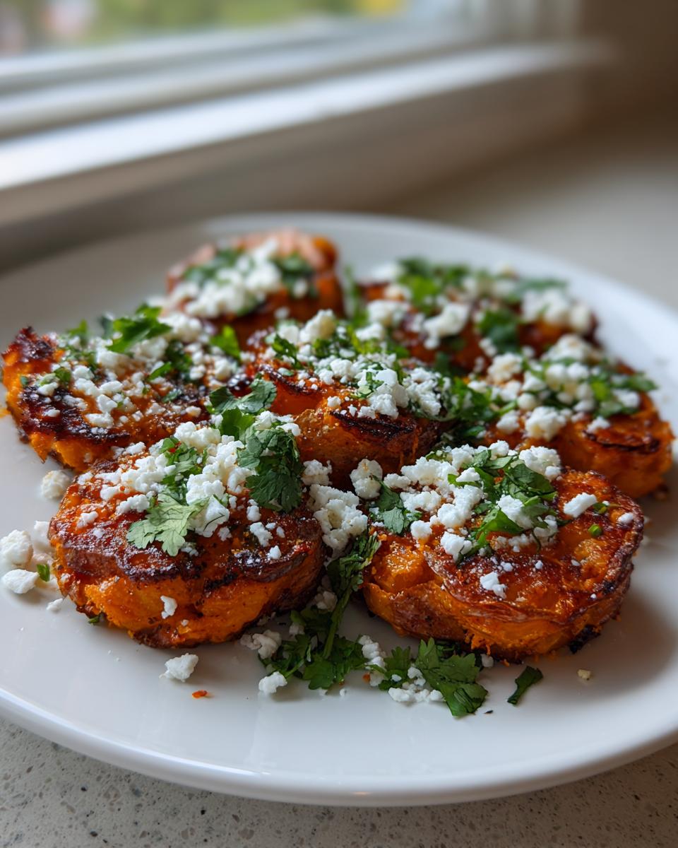Close-up of seasoned and roasted Mexican potatoes topped with crumbled white cheese and fresh cilantro.