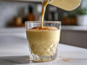 Close-up of a thick, creamy banana smoothie being poured into a textured glass, topped with cinnamon.