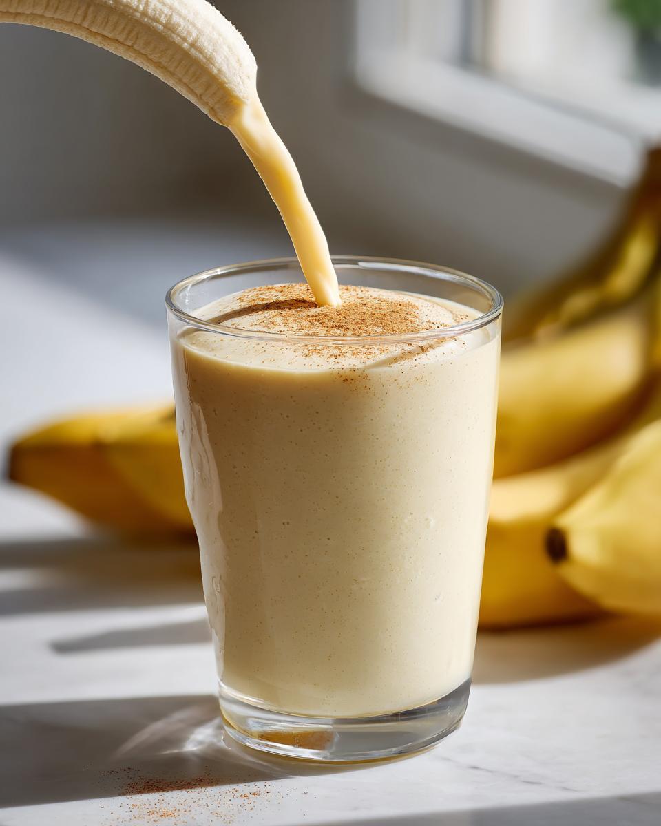 A thick banana smoothie being poured into a glass from a peeled banana, topped with cinnamon.