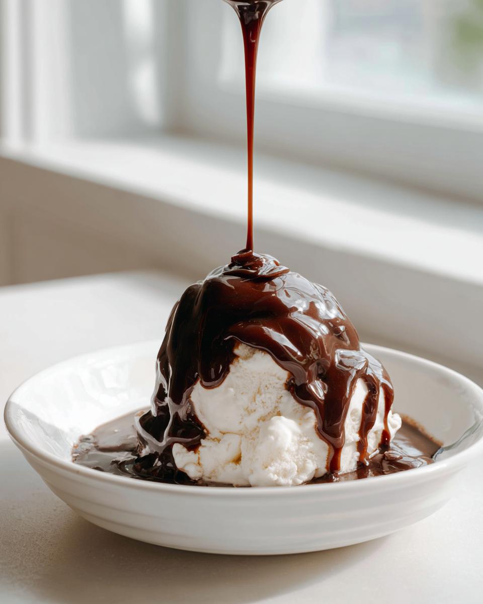 A scoop of vanilla ice cream being generously covered with rich, dark chocolate sauce recipe being poured from above.