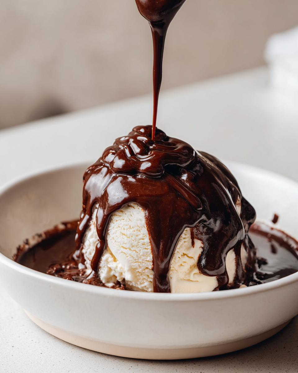 A scoop of vanilla ice cream being generously covered with thick, glossy homemade chocolate sauce recipe being poured from a spoon.