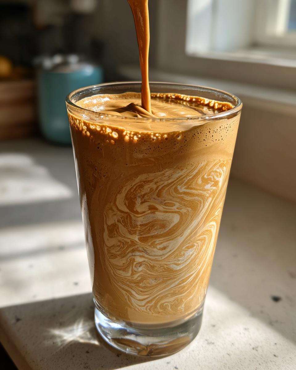 Thick, creamy peanut butter banana smoothie being poured into a glass, creating beautiful swirls of brown and white.