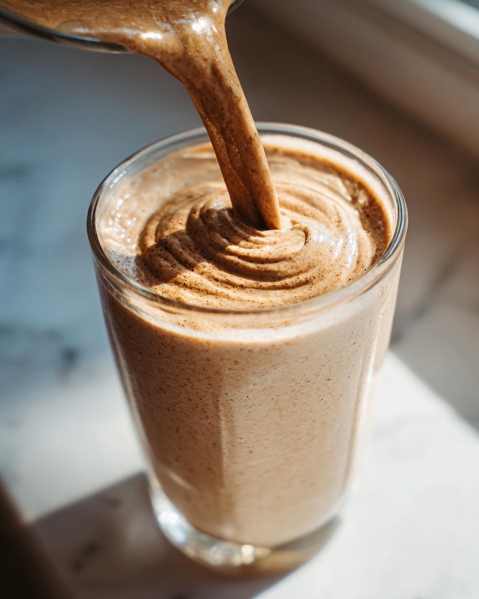 Thick peanut butter banana smoothie being poured into a glass, creating a swirl pattern on top.
