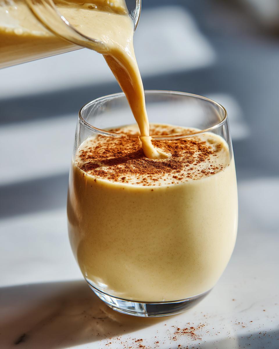 Thick, creamy banana smoothie being poured from a pitcher into a glass topped with cinnamon.