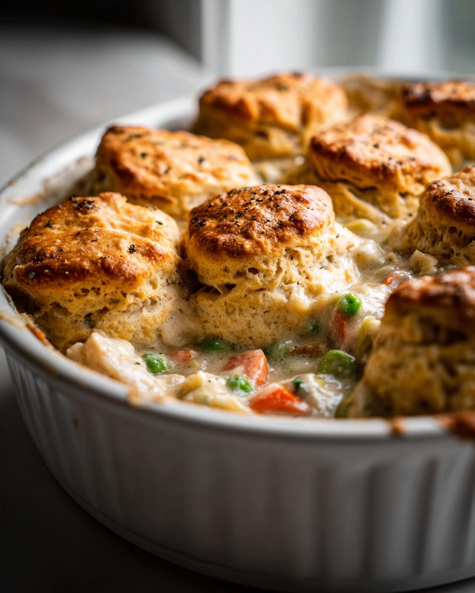 Close-up of a creamy chicken pot topped with golden, flaky biscuits in a white baking dish.